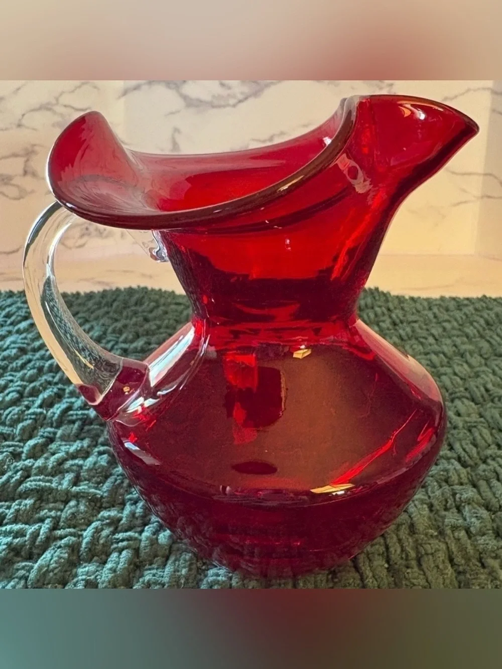 Vintage Ruby Red Mid Century Glass Pitcher-Ruffle Rim with Clear Handle